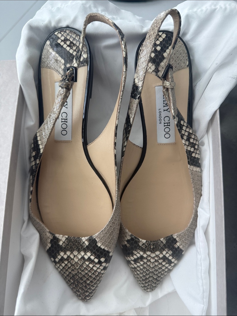 Jimmy Choo Snake-Print Slingback Flats in Beige and Black